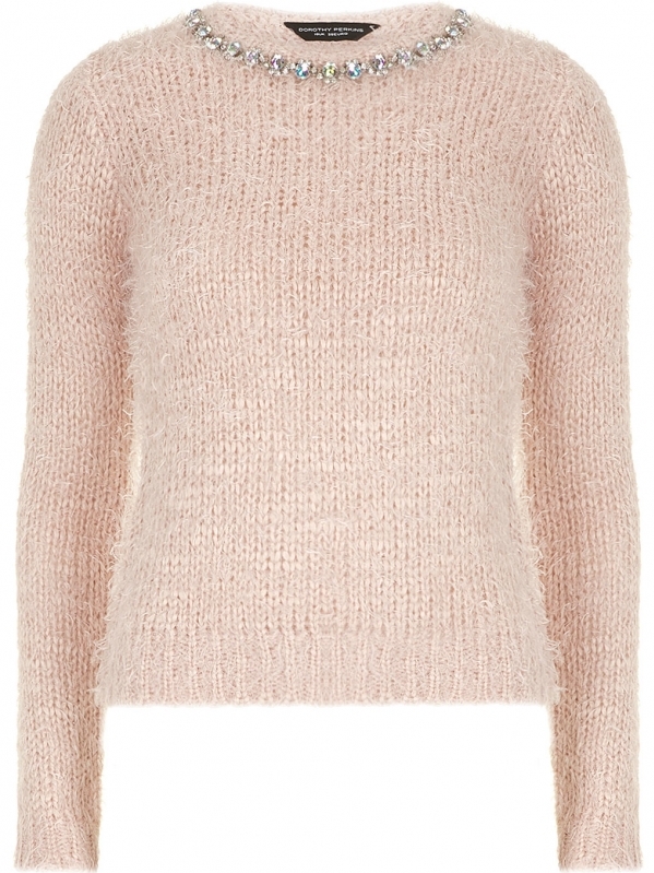 Embellished Neck Fluffy Sweater