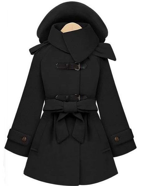 Sheinside – Black Removable Hooded Long Sleeve Drawstring Coat