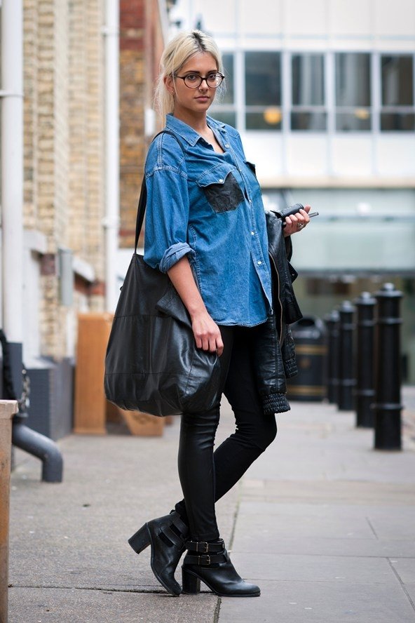 Blue Denim Shirt with Leather Pants Outfits For Women (16 ideas & outfits)  | Lookastic