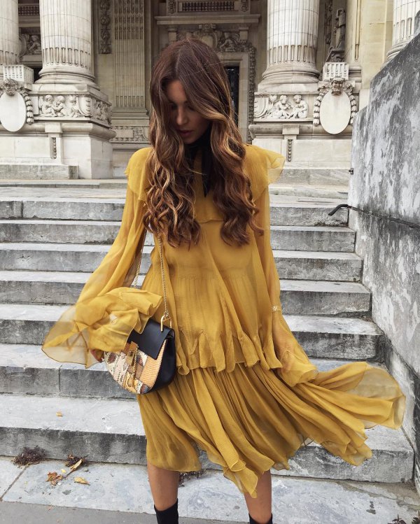 clothing, yellow, dress, sleeve, long hair,