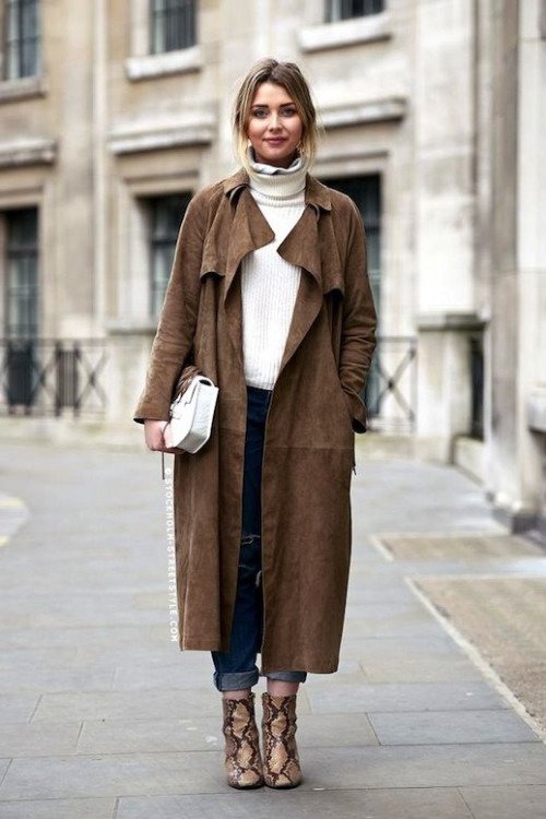 White Turtleneck Sweater with Jeans and a Long Coat