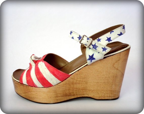 Stars and Stripes Vintage Wooden Platform Wedges