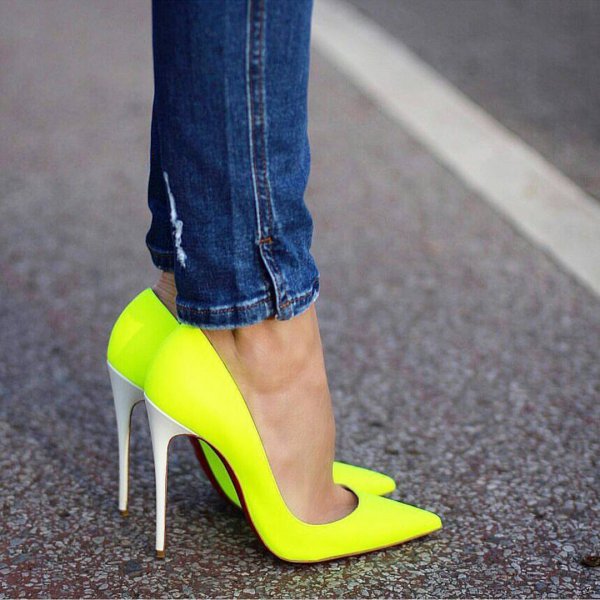 footwear, high heeled footwear, yellow, shoe, leg,