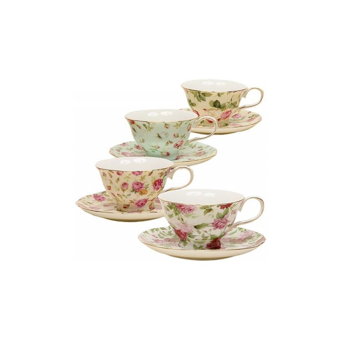 Gracie China Rose Chintz 8-Ounce Porcelain Tea Cup and Saucer, Set of 4