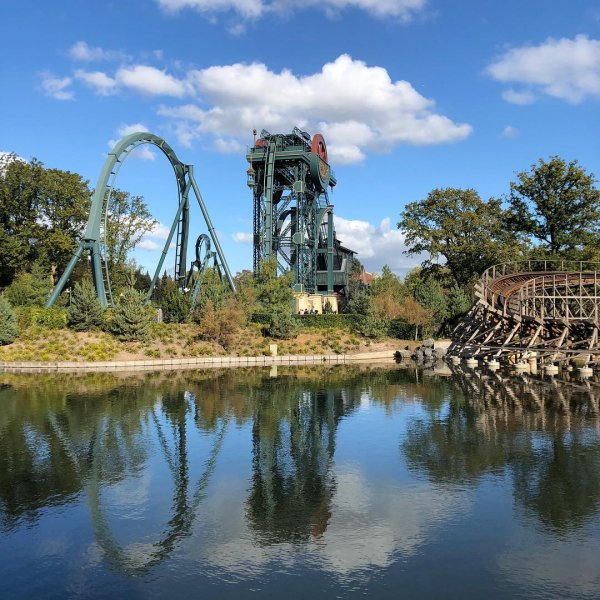 amusement park, tourist attraction, reflection, tree, water,