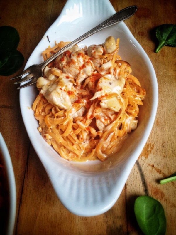 Buffalo Chicken Alfredo with Sweet Potato Pasta