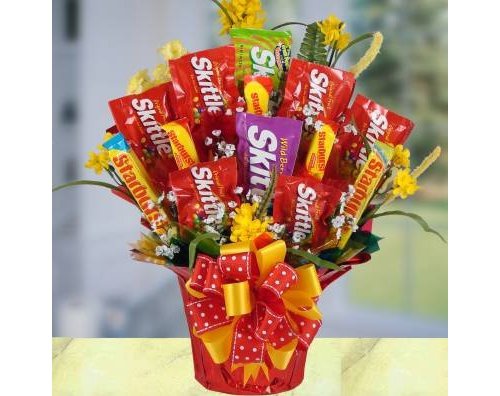 Skittles, gift basket, food, dessert, flower,