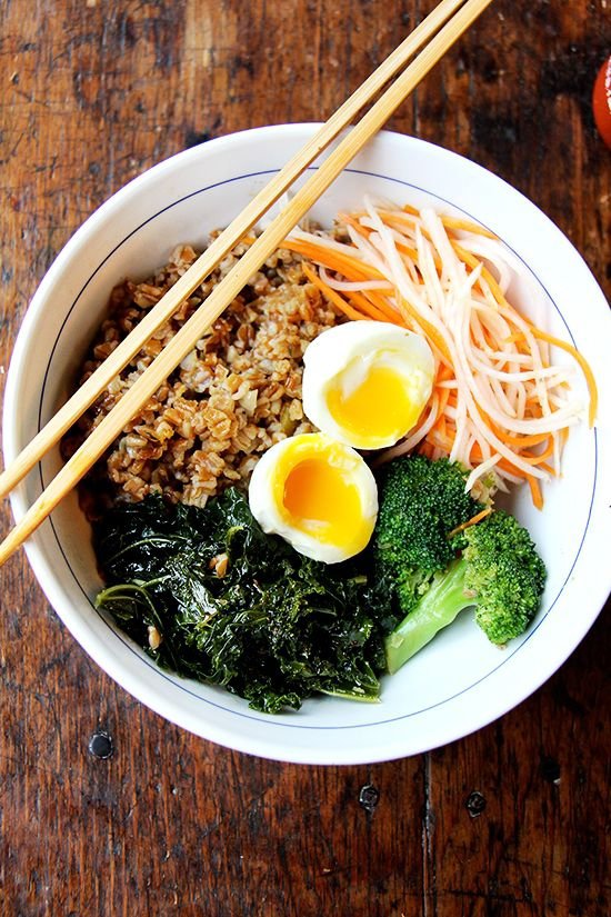 Leftover Grain Bowl with Teriyaki Sauce, Quick-Pickled Carrots & Daikon and Soft-Boiled Eggs