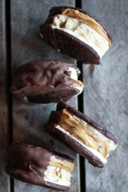 Chocolate Dipped Homemade Peanut Butter Oreo Mocha Ice Cream Sandwiches