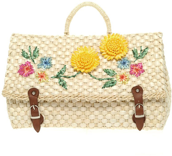 Straw Satchel with Flowers