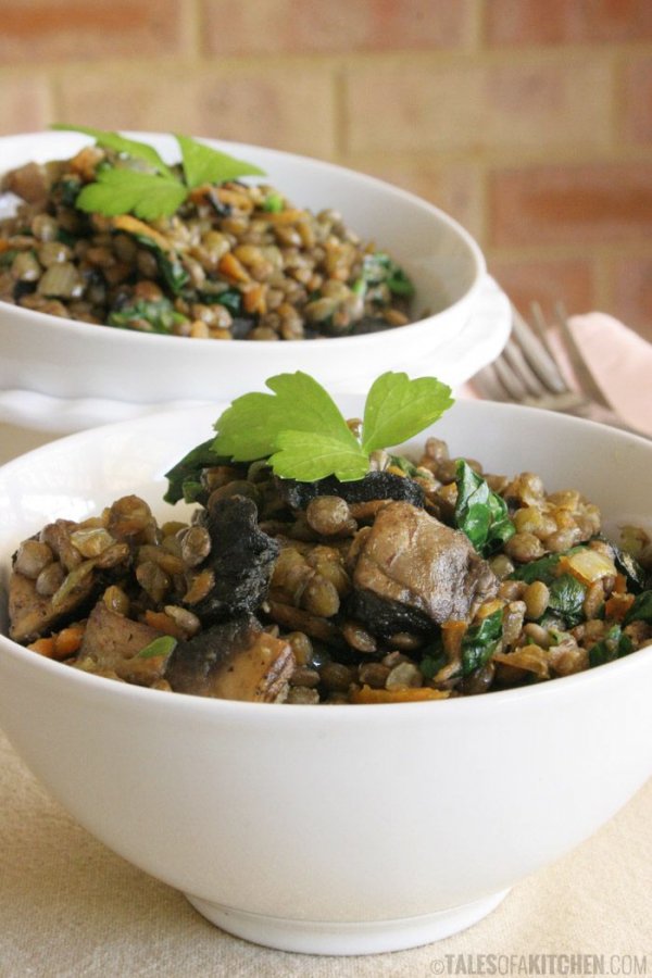 Warm French Lentil Salad with Spinach and Mushrooms