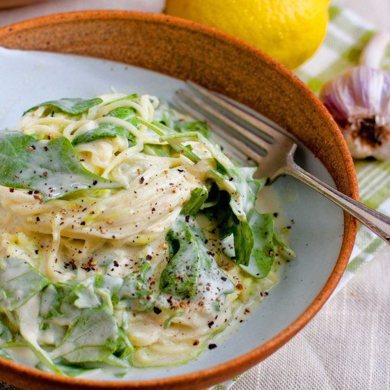 Creamy Garlic Alfredo with Arugula and Zucchini Linguine