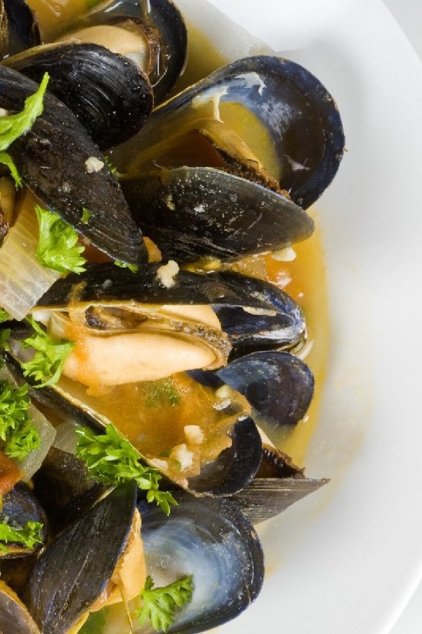 Steamed Mussels with Chorizo Sausage, Tomatoes & White Wine