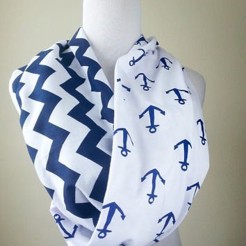 Navy Anchor Chevron Infinity Scarf- Soft Jersey Knit