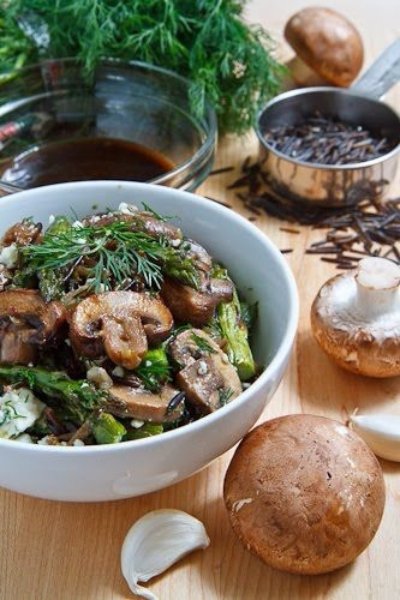 Mushroom and Wild Rice Salad with Roasted Asparagus and Feta