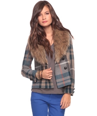 Plaid Jacket W/ Faux Fur Collar