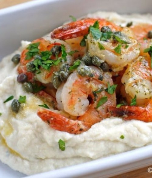 Shrimp Piccata over Parmesan Cauliflower Mash