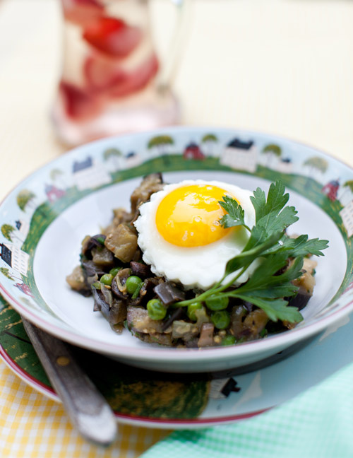 Sautéed Eggplant with Garlic and Fried Egg on the Top and Strawberry Ice-water...