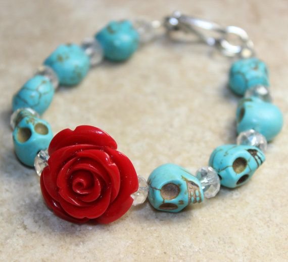 Red Rose and Sugar Skull Bracelet