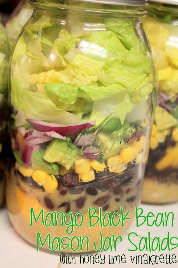 Mango Black Bean Mason Jar Salad with Quinoa and Honey Lime Vinaigrette