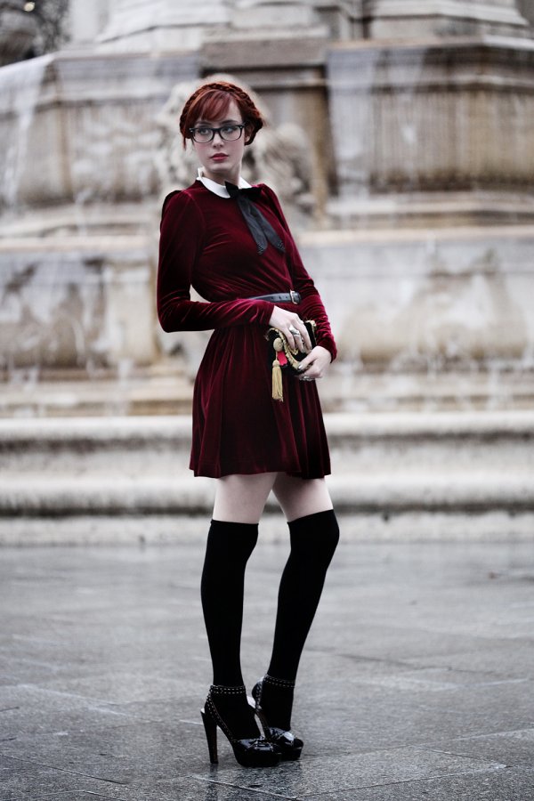 Short Velvet Dress with Knee High Socks