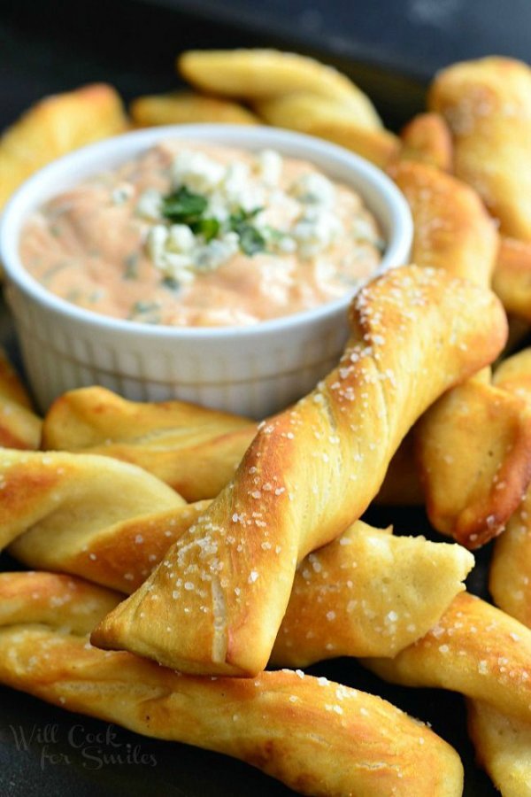 Homemade Soft Pretzel Twists with Creamy Buffalo Sauce