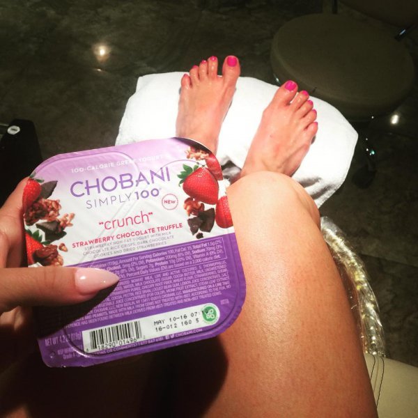 Chobani, pink, finger, hand, leg,