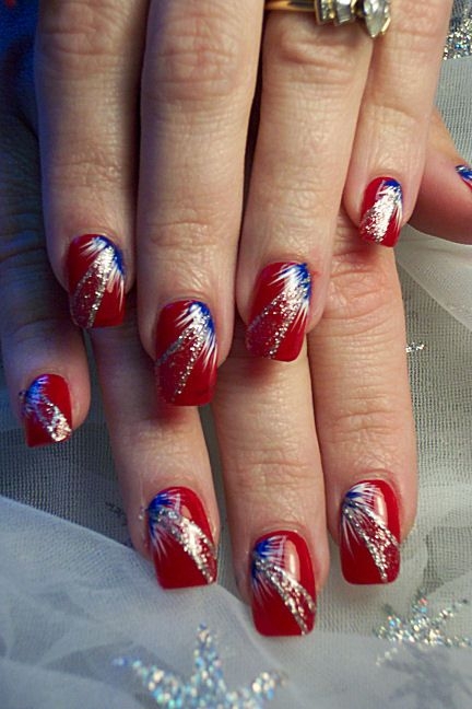 Red Nails with Blue and White Fan Brush Accents