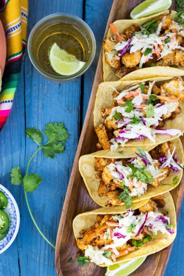 BBQ Cauliflower & Chickpea Tacos with a Creamy Lime Slaw