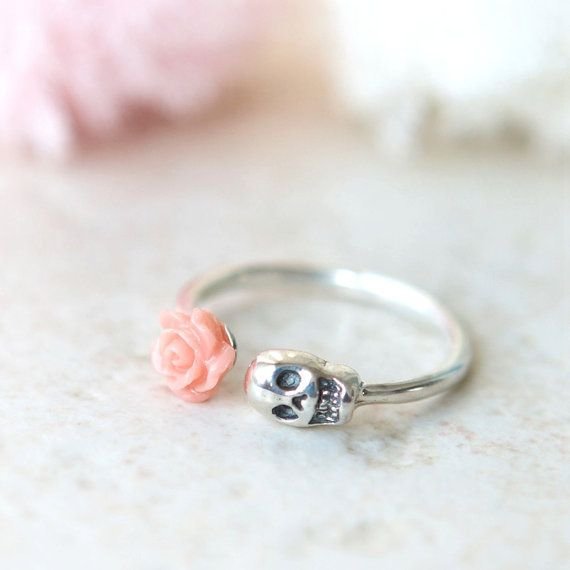 Pink Rose and Skull Ring