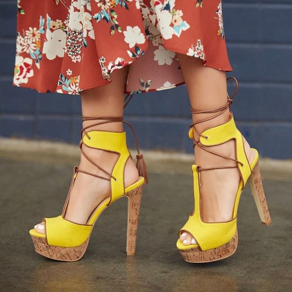 footwear, yellow, clothing, high heeled footwear, leg,