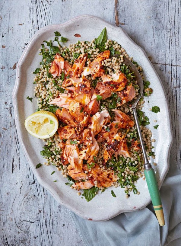 Roast Harissa Salmon with Lemony Giant Couscous