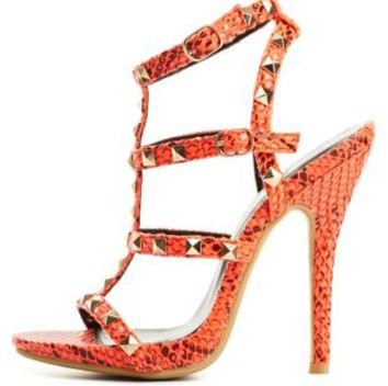 Studded Python T-Strap Heels