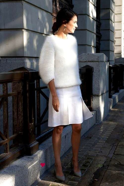 Fluffy White Sweater Top with a White Skirt