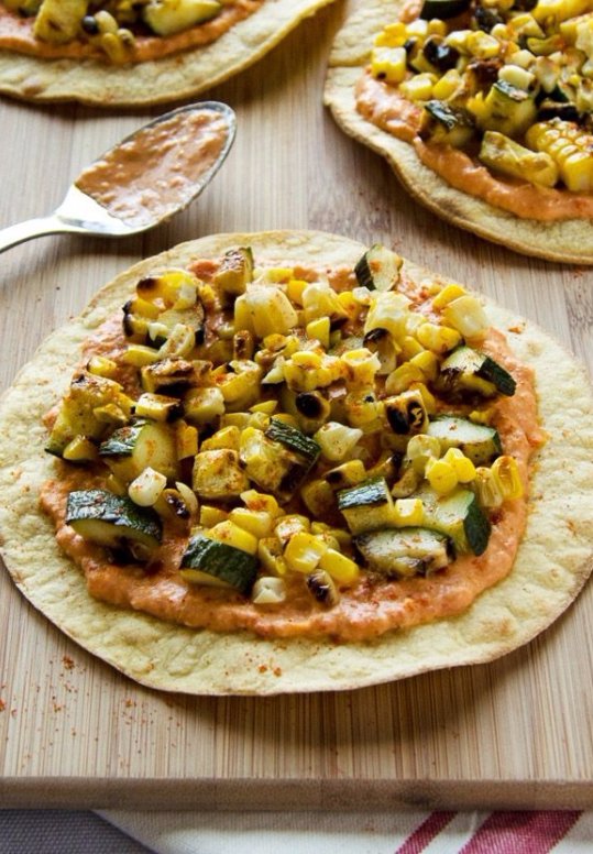 Grilled Zucchini & Corn Tostadas with Spicy Hummus