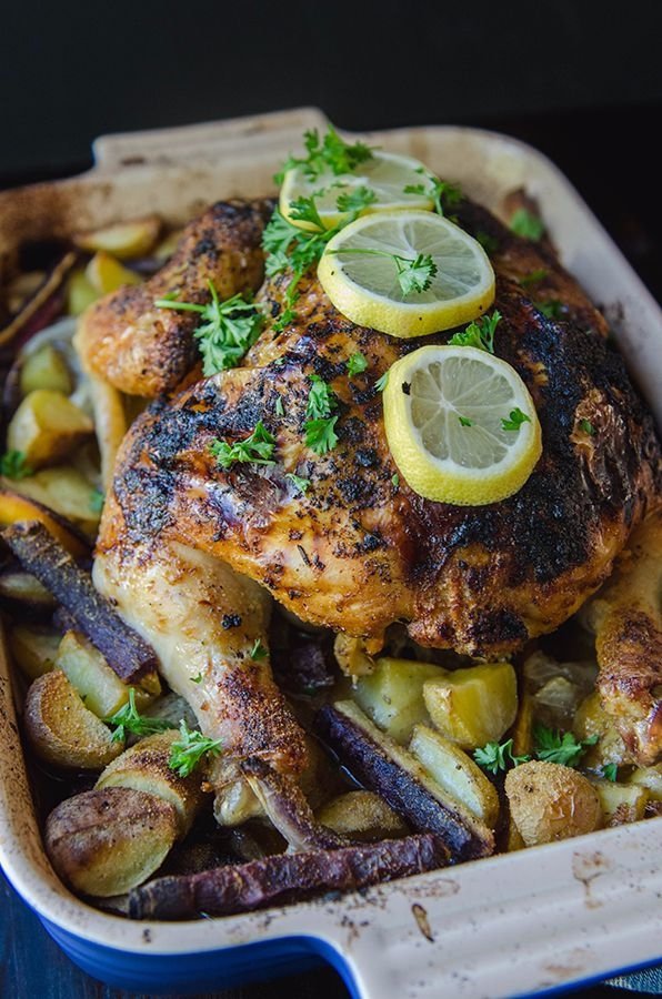 Whole Roasted Lemon and Rosemary Chicken with Garlic and Root Vegetables