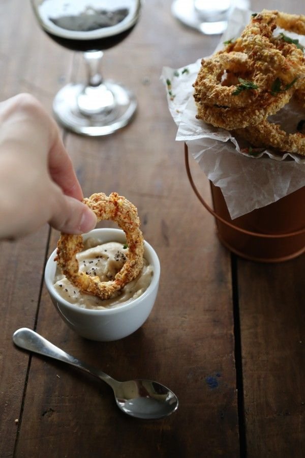 Oven Fried Guinness Onion Rings with Stout Gravy