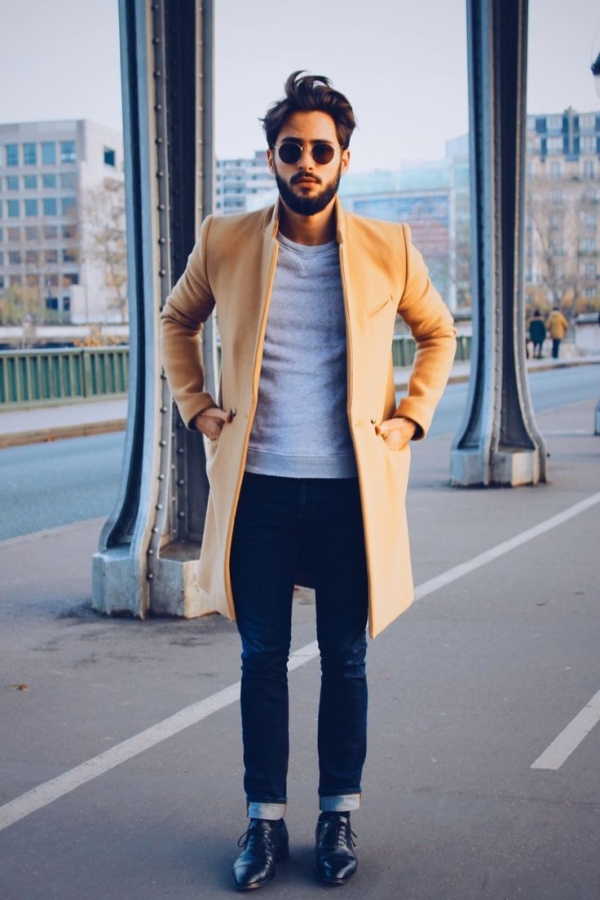 Khaki Overcoat and Navy Skinny Jeans