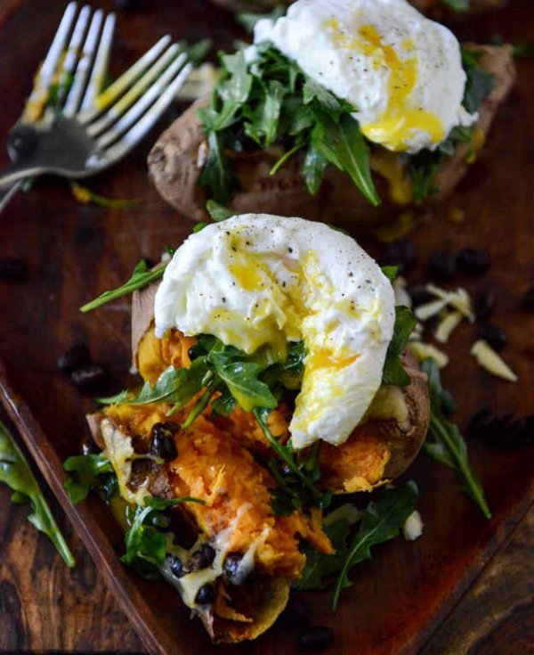 Cheesy Black Bean Stuffed Sweet Potatoes with Poached Eggs