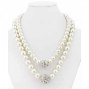 Double Pearl Strand Necklace with Crystal Accent