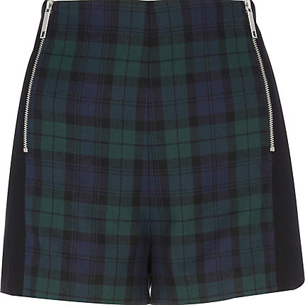 River Island Green Check Zip Shorts