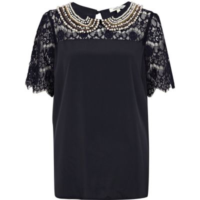 Embellished Collar T-Shirt Top