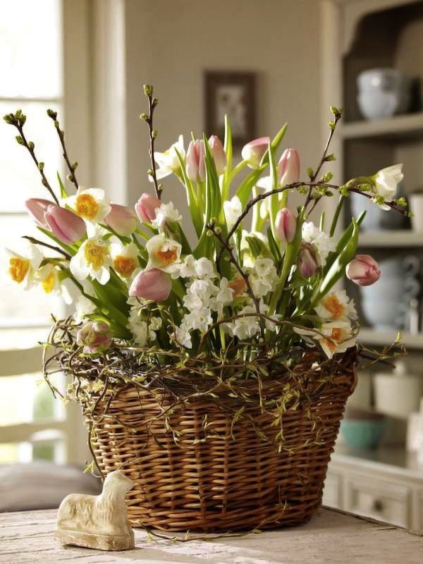 Tulips, Daffodils and Pussy Willows in a Basket