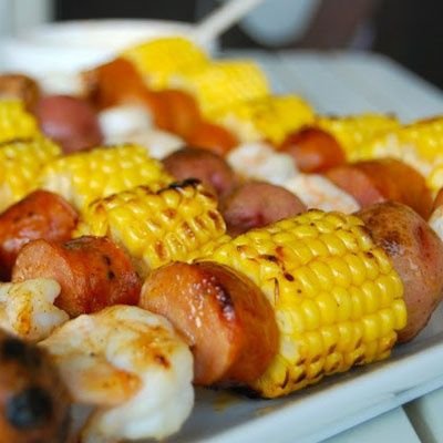 Shrimp, Sausage, Corn & Potato Kebabs