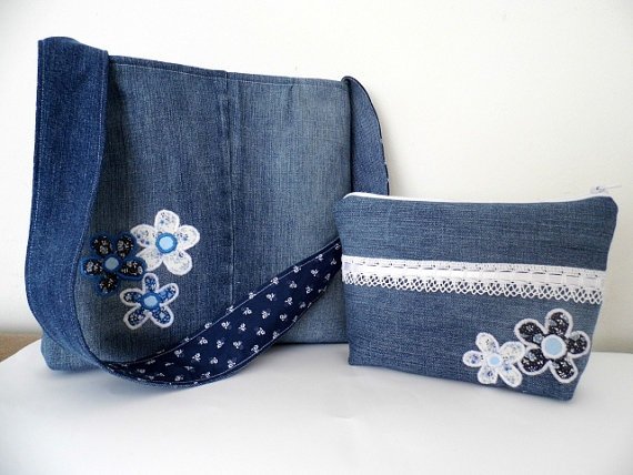 Romantic Denim Tote and Cosmetic Bag