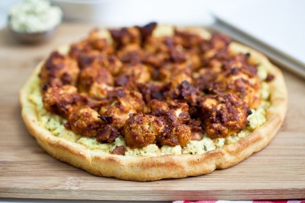 Buffalo Cauliflower Wing Pizza with Tofu Blue Cheese Spread