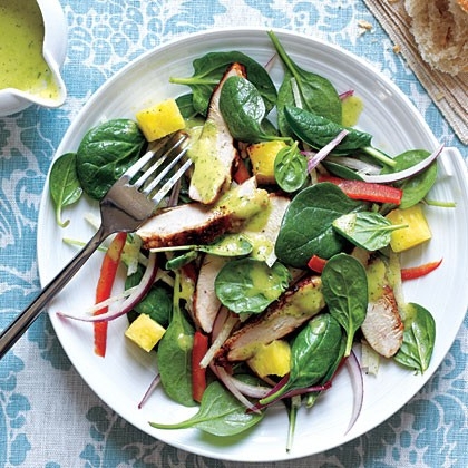 BBQ Tofu Edamame Pineapple Spinach Salad with Nectarine Balsamic Dressing