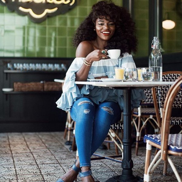 blue, sitting, human positions, lady, spring,