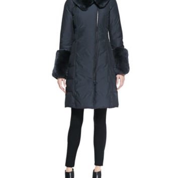 Armani Collezioni Rabbit Fur-Trim Long Puffer Coat & Button-Detail Long-Sleeve Top