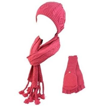 Ladies 3pc Winter Soft Knit Beanie Hat Long Scarf Flip Cover Gloves Set Pink S/M